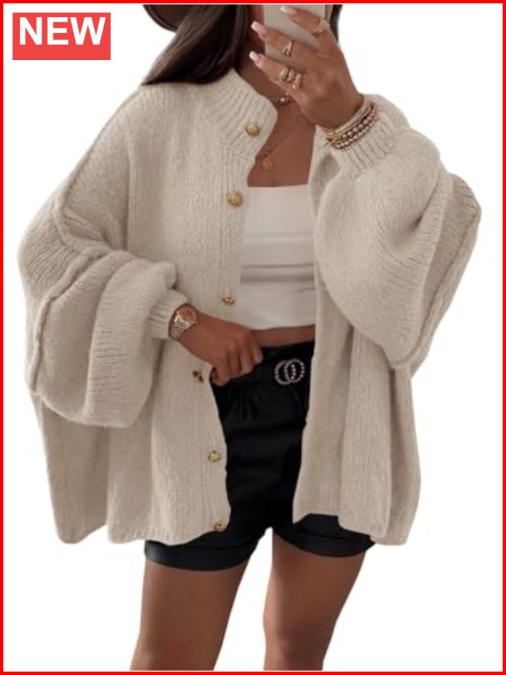 Oversized Button Down Cardigan Sweater Long Lantern Sleeve Chunky Knit Women